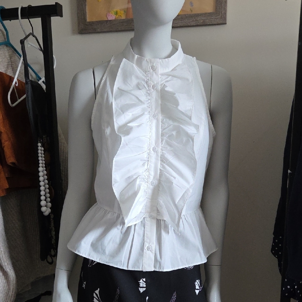 NWT Anthropologie White Sleeveless Ruffled Peplum Blouse with Mandarin Collar